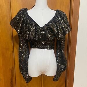 Tularosa Glittering Black Gold Sequins Crop Top Blouse Long Sleeve VNeck Ruffle